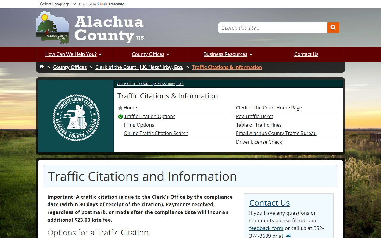 Alachua County traffic citation options and fees for traffic ticket records