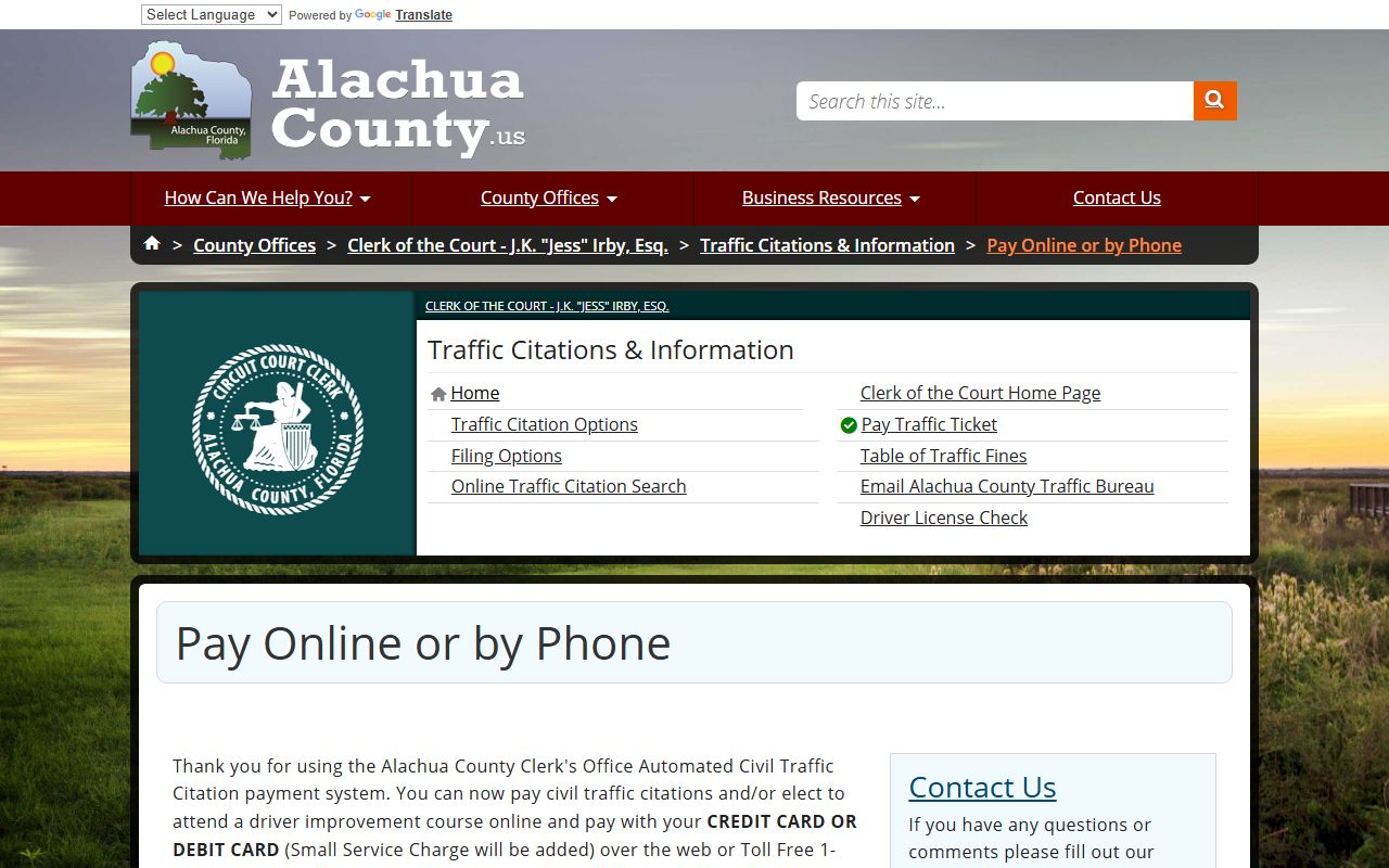 Alachua County Clerk traffic ticket payment page for traffic ticket records