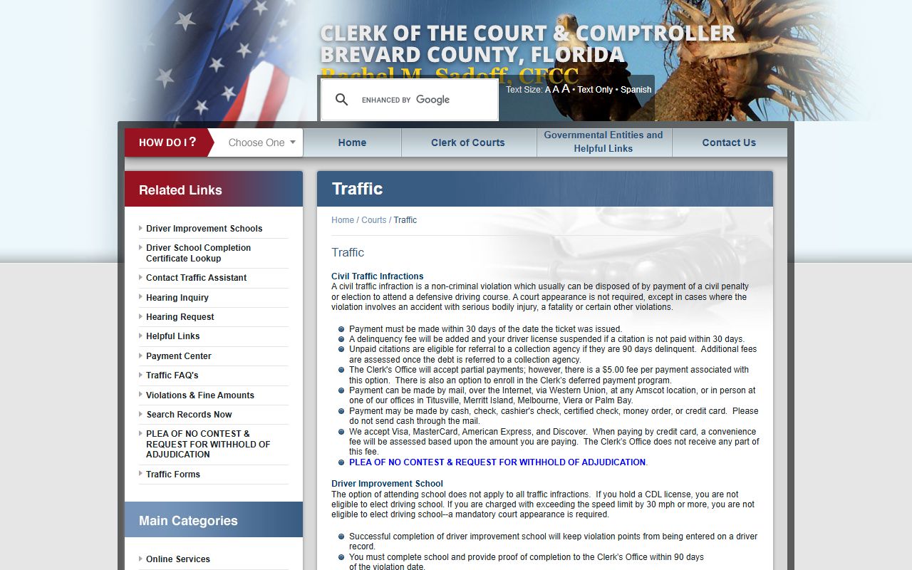Brevard County Clerk of Court traffic page for traffic ticket records