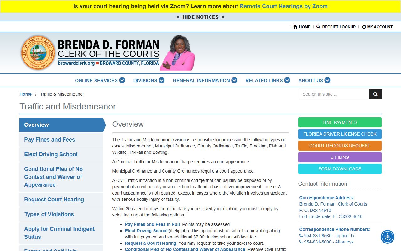 Broward County Clerk traffic and misdemeanor division page for traffic ticket records