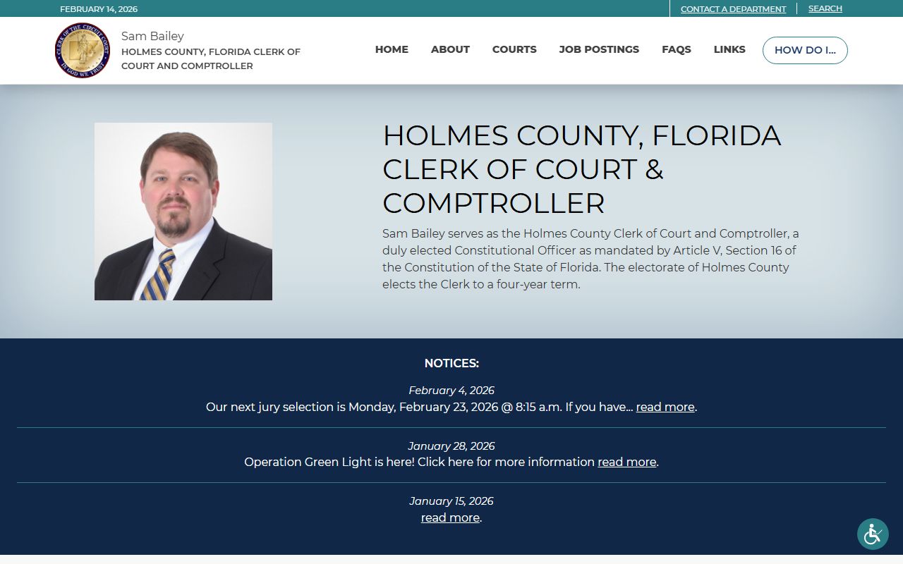 Holmes County Clerk of Court homepage for traffic ticket records