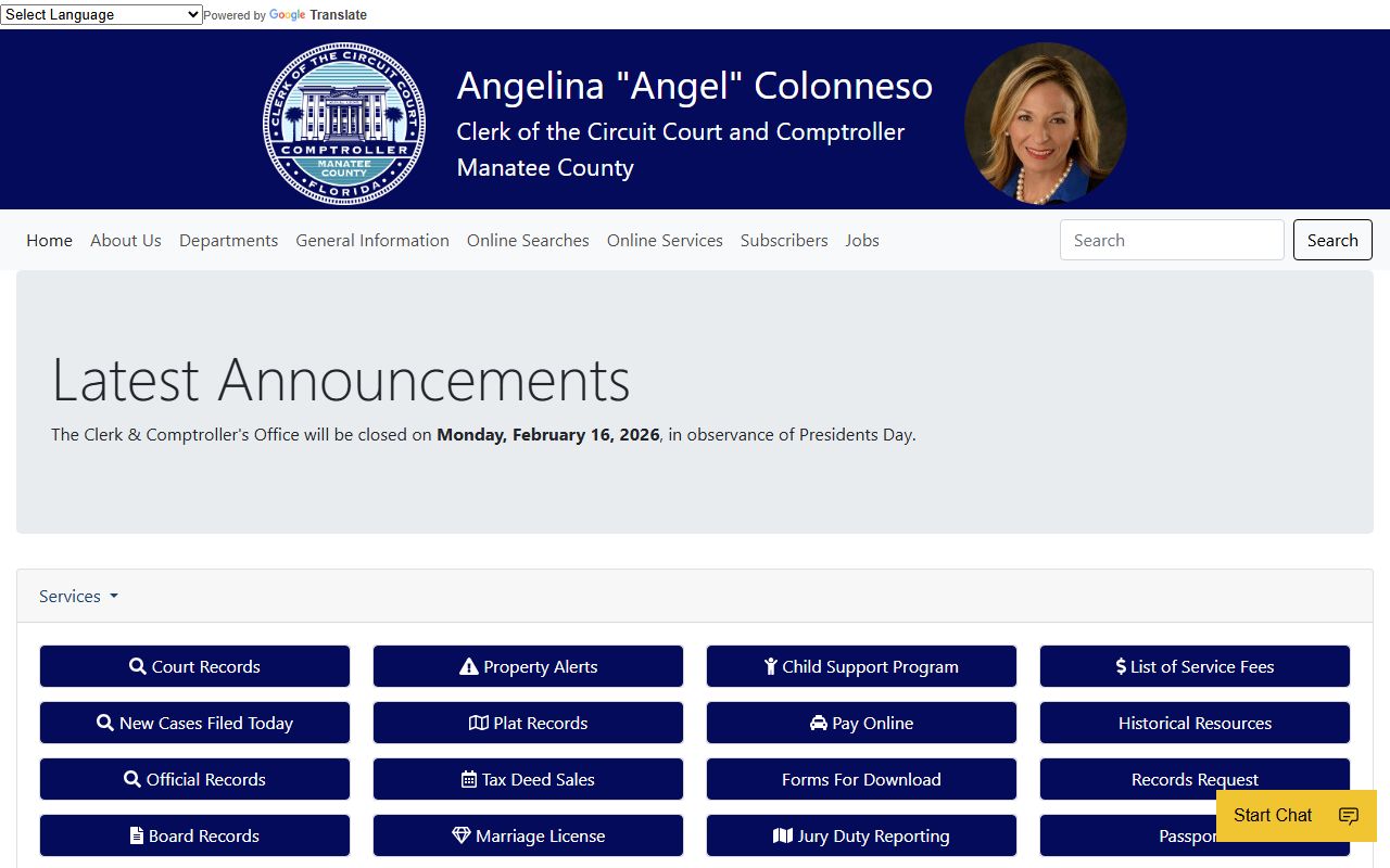 Manatee County Clerk of Court homepage for traffic ticket records