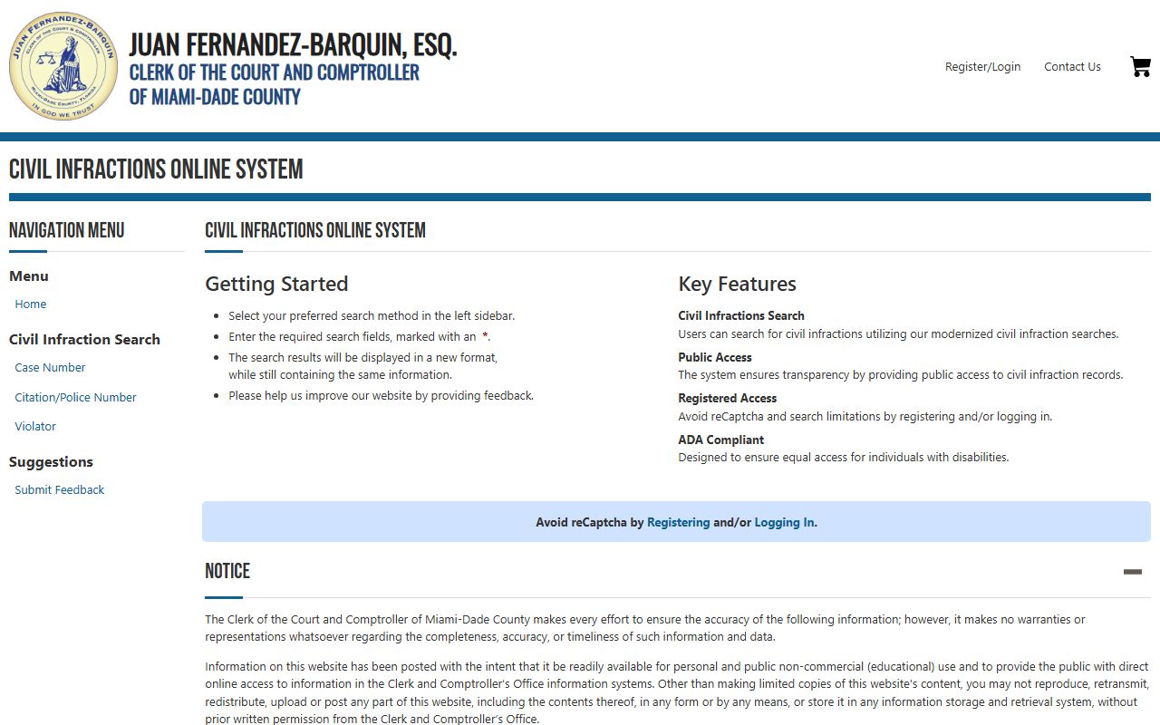 Miami-Dade County online traffic infractions database for traffic ticket records