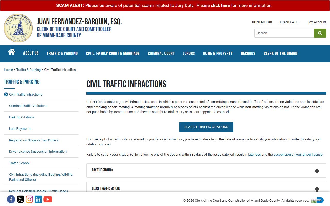 Miami-Dade County Clerk traffic infractions page for Miami traffic ticket records