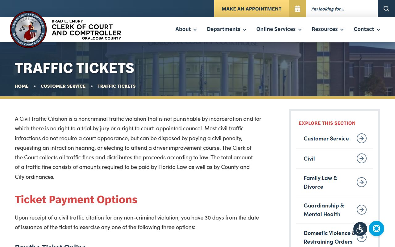 Okaloosa County Clerk traffic tickets page for traffic ticket records