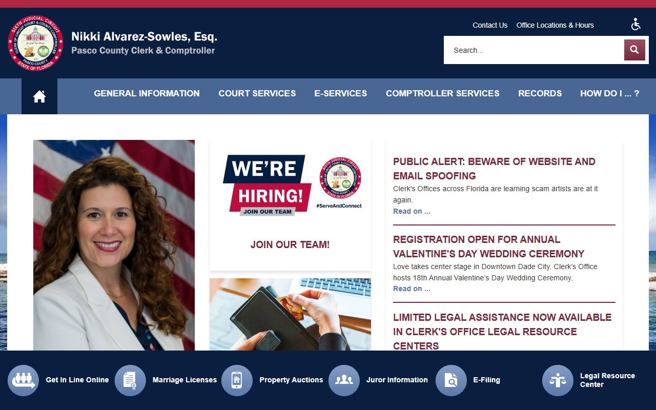Pasco County Clerk of Courts homepage for traffic ticket records