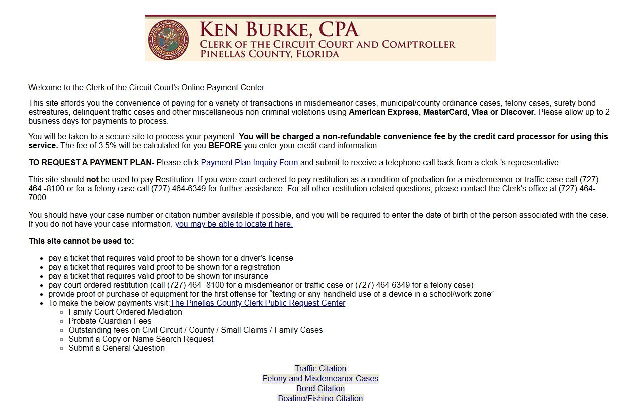 Pinellas County Clerk online payment page for St. Petersburg traffic ticket records