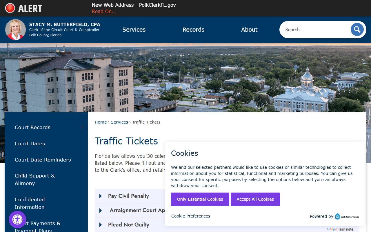 Polk County Clerk traffic tickets information page for traffic ticket records