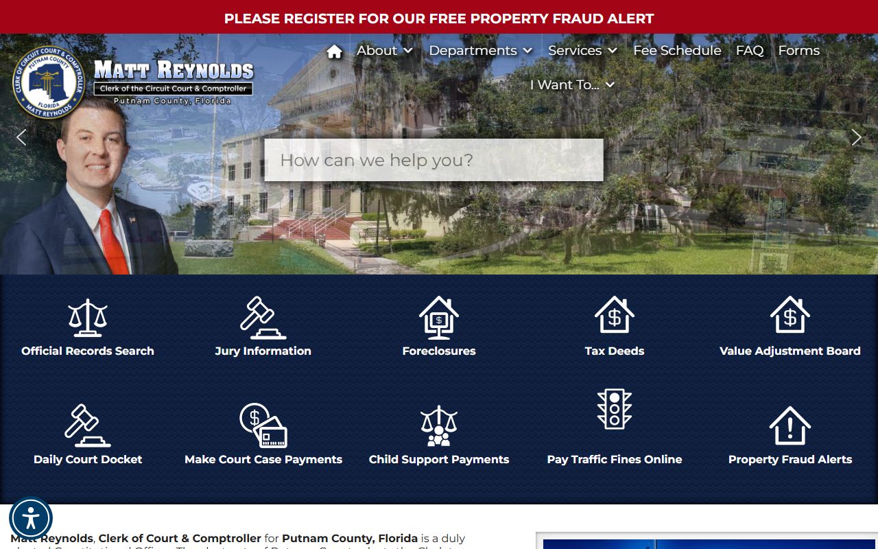 Putnam County Clerk of Court homepage for traffic ticket records