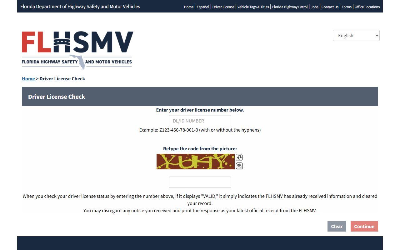 FLHSMV driver license check portal for Florida traffic ticket records