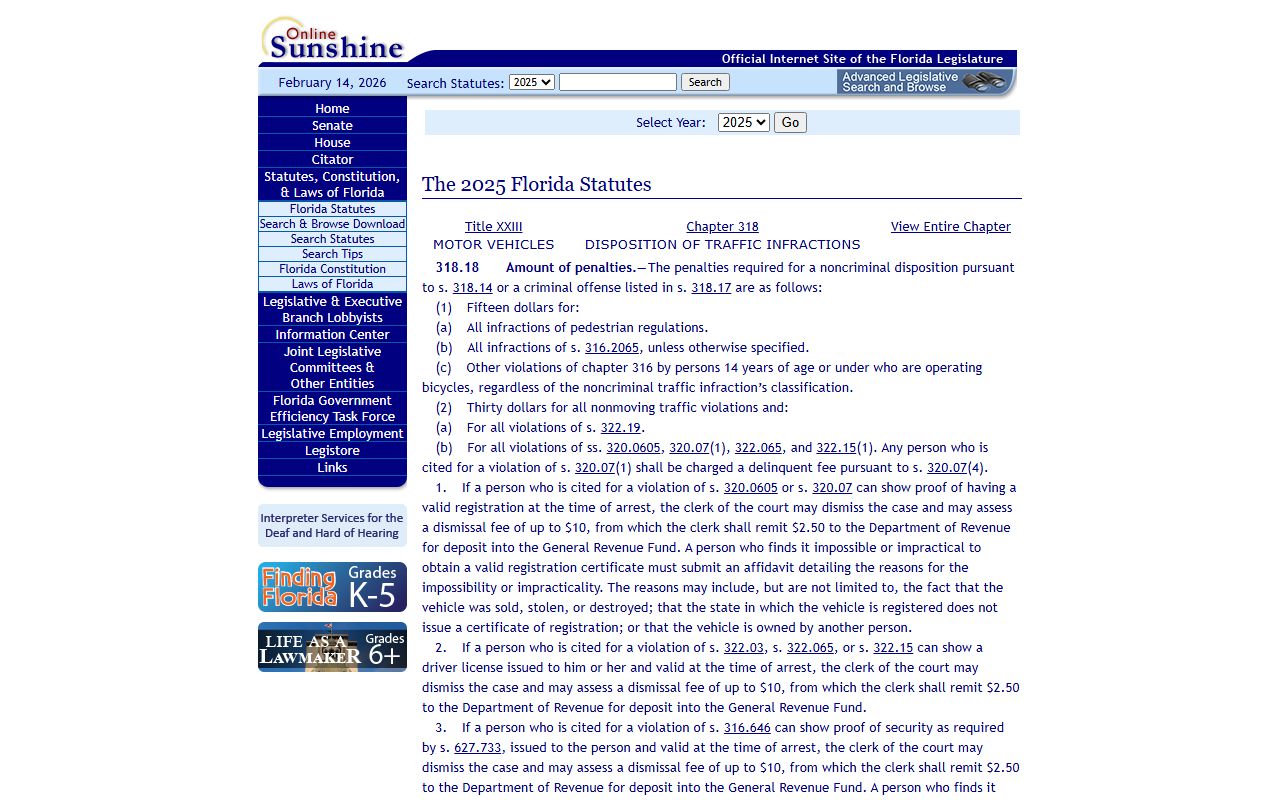 Florida Statute 318.18 showing traffic ticket fine amounts for Florida traffic ticket records