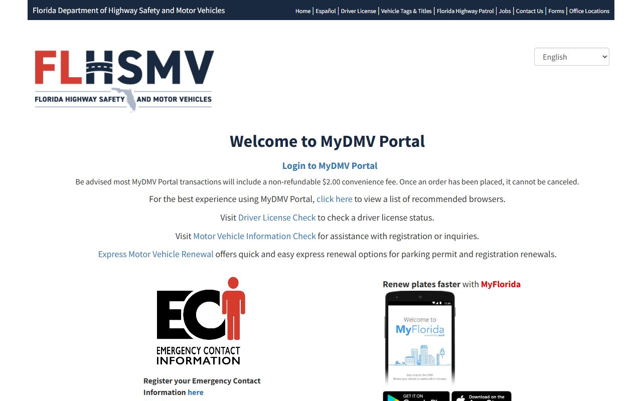 MyDMV portal for checking Florida traffic ticket records and license status
